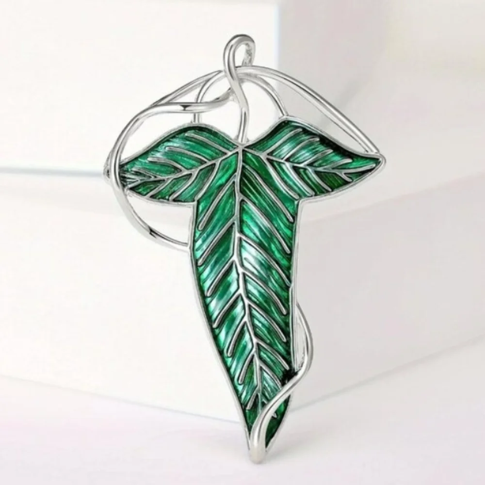 Tolkien Elven Lorien Leaf Silver Green Brooch The Lord Of The Rings Cosplay Pin